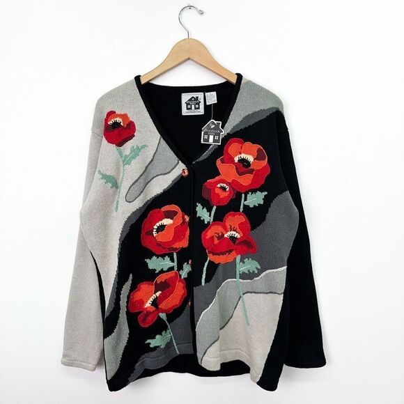 Storybook Knits Sweaters - Storybook Knits Women’s Beaded Hand Knit Large Red Orange Poppy Flower Black Gre